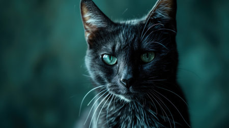 portrait of a black cat with green eyes on a dark backgroundの素材