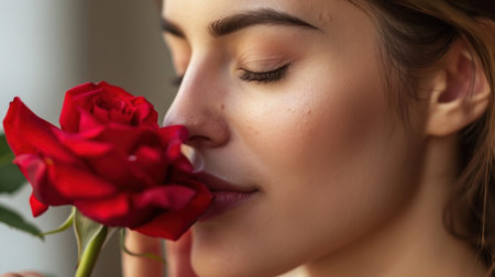 Close-up portrait of beautiful young woman smelling red rose flower.の素材