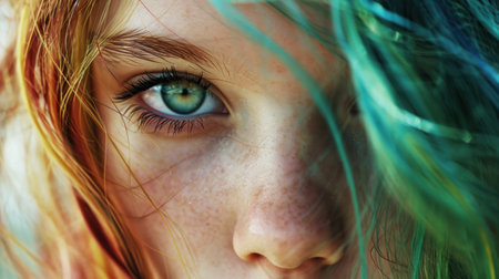 Portrait of a beautiful red-haired girl with long curly hair.の素材