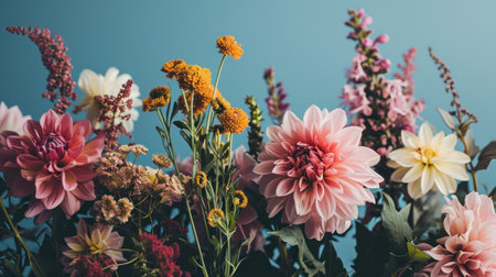 Colorful autumn flowers on a blue background. Selective focus. nature.の素材