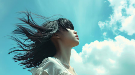 Beautiful young woman with flying hair in the blue sky. 3d renderingの素材