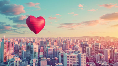 Red heart shaped balloon flying over the city. 3D Renderingの素材