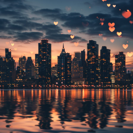 Cityscape and heart shaped bokeh on the water at sunsetの素材