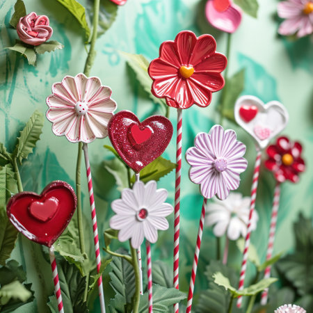 a close up of a bunch of flowers with candy canes in the shape of hearts and flowers on a green background. .の素材
