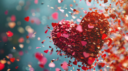 Red heart with confetti on blue background. 3d rendering toned imageの素材
