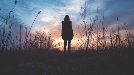 Silhouette of a girl on the background of the setting sunの素材