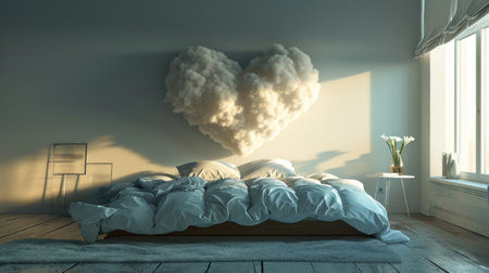 Bedroom interior with a cloud in the shape of a heart. 3D Renderingの素材