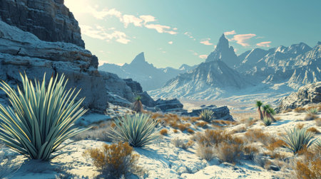 Fantasy landscape with cactus and mountains. 3D illustration.の素材