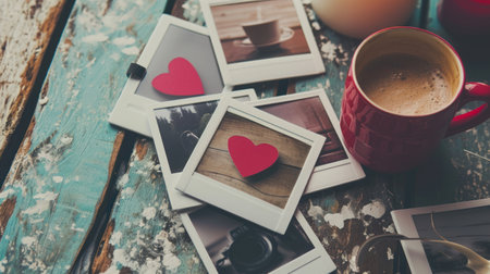 Cup of coffee, old photo frames and hearts on a wooden backgroundの素材
