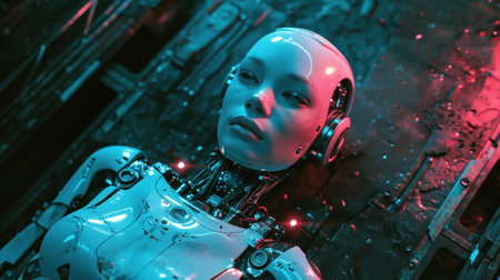 3D rendering of a female robot working in a dark space.の素材