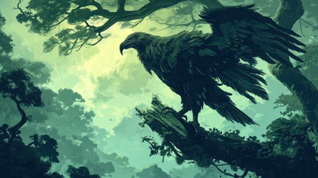 Eagle in the forest. Vector illustration of an eagle in the forest.の素材