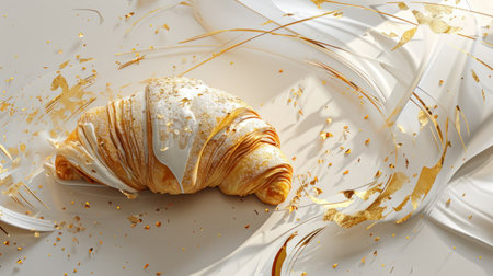 Croissant on a white background with golden splashes. 3d renderingの素材