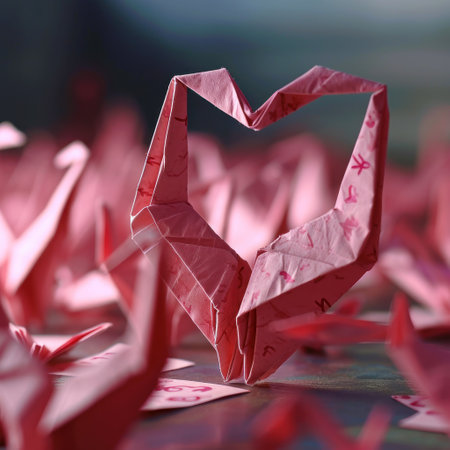 Paper origami heart on wooden background. Valentine's day concept.の素材