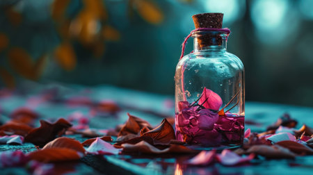 Aromatherapy essential oil in a glass bottle with rose petalsの素材