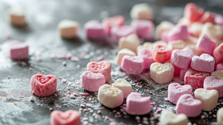 Pink and white heart-shaped marshmallows on a black backgroundの素材