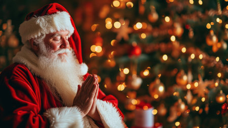 Santa claus praying over christmas lights background. Christmas and New Year concept.の素材