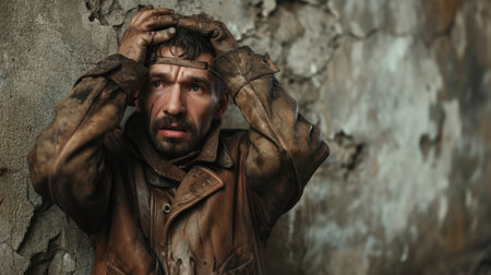 Portrait of a man in a leather jacket against the background of an old wallの素材
