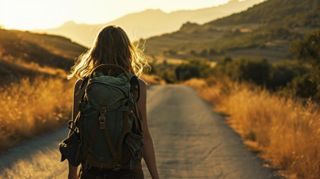 young woman hiker with backpack walking on a country road at sunsetの素材