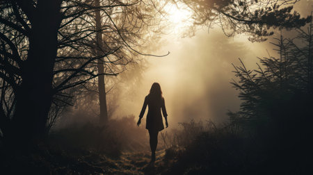 Silhouette of a woman walking in the foggy forest.の素材