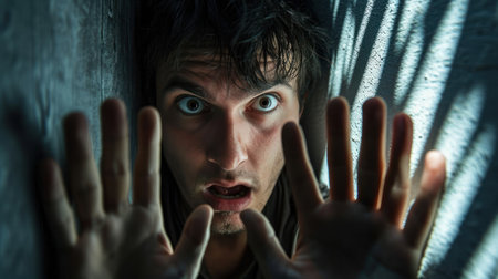 Close-up portrait of a scared young man looking through the windowの素材