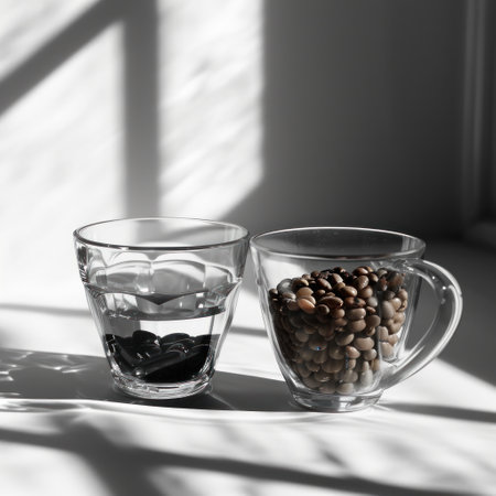 a couple of cups sitting on top of a table filled with rocks and a cup filled with water next to a window. .の素材