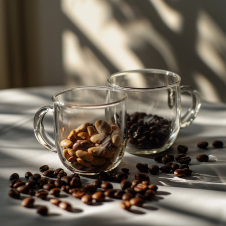 Coffee beans in a glass cup on a white table.の素材