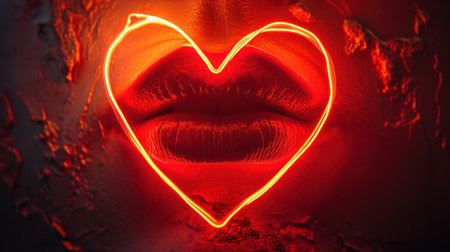 Close-up of female lips with red neon light. Glowing lips.の素材