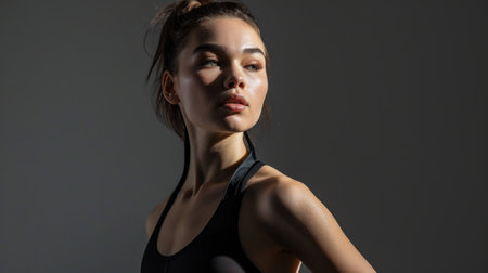 Portrait of beautiful young woman in black sportswear on grey backgroundの素材