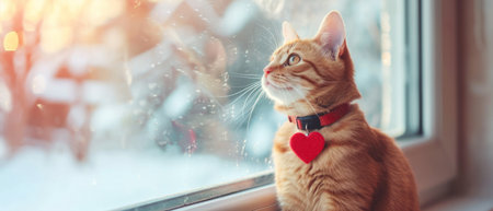 Cute ginger cat looking out the window with a red heart.の素材