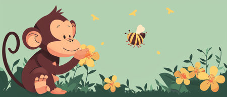 Monkey with flower and bee. Vector illustration in cartoon style.の素材