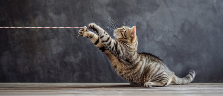 Cute tabby bengal cat playing with a rope.の素材