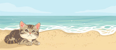 Cute cat on the beach. Vector illustration in cartoon style.の素材
