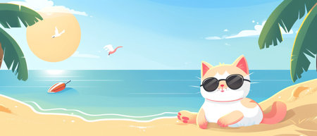 Cute cat in sunglasses sitting on the beach. Vector illustration.の素材