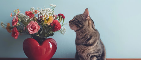 a cat sitting next to a vase with flowers in it and a heart shaped vase on a table next to it. .の素材