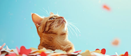 Funny ginger cat playing with confetti on blue background. Banner.の素材