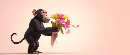 Chimpanzee with a bouquet of flowers on a pink backgroundの素材