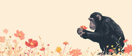 Chimpanzee sitting on flower meadow. Vector illustration.の素材