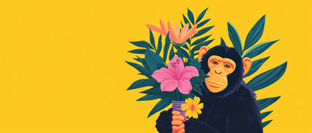 Chimpanzee with a bouquet of flowers and leaves on a yellow background.の素材