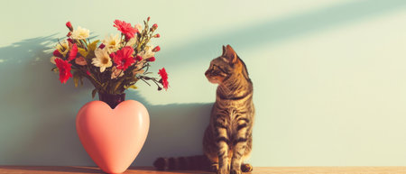 Bengal cat sitting near pink heart and bouquet of flowersの素材
