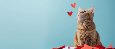 Cute ginger cat playing with red paper hearts on blue background.の素材