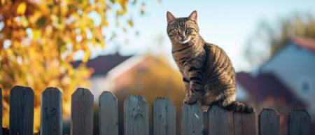 Cute tabby kitten sitting on wooden fence in sunny autumn dayの素材