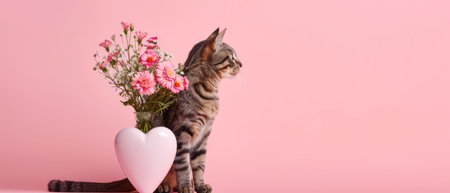 Cute tabby kitten with pink heart and flowers on pink backgroundの素材