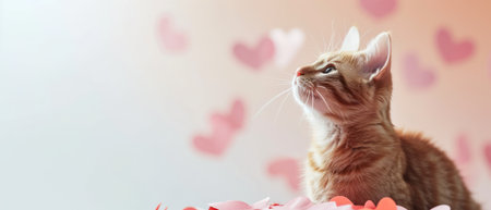 Cute ginger kitten on a background of hearts. Valentine's Day.の素材