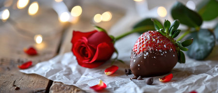 Chocolate dipped strawberries and red rose on a wooden background. Valentine's Day.の素材
