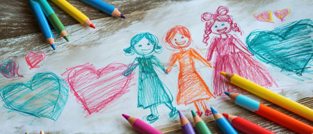 Children's drawing of a girl and a boy on the background of colored pencilsの素材