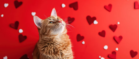 Cute ginger cat on red background with hearts. Valentines day conceptの素材