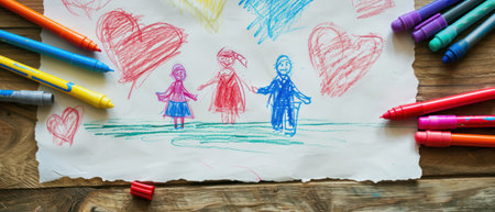 Children's drawing of a family on a wooden background. Selective focus.の素材
