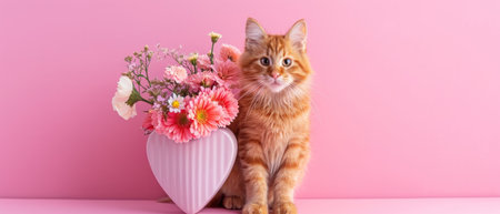 a cat sitting next to a vase with flowers in it on a pink surface with a pink wall behind it. .の素材