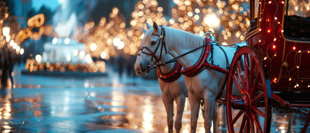 Horse drawn carriage on the background of the Christmas tree in the cityの素材