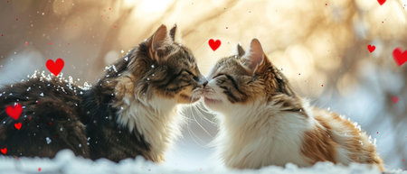 Two cats kissing in the snow with red hearts on the background.の素材
